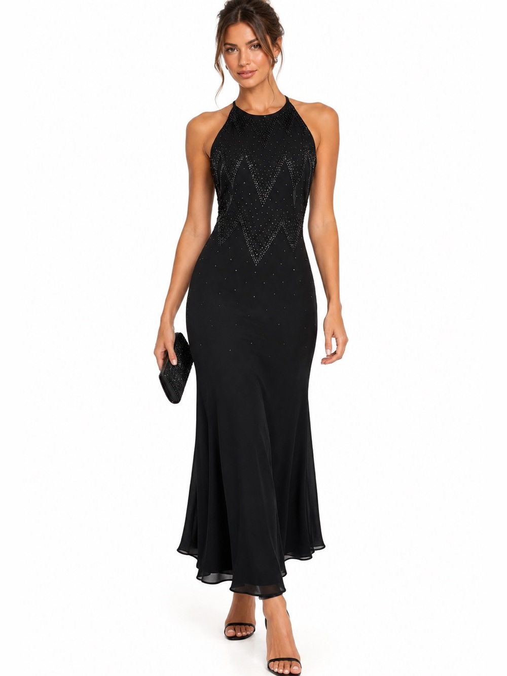 VINTAGE 90's Y2K Black Beaded Halter Evening Dress